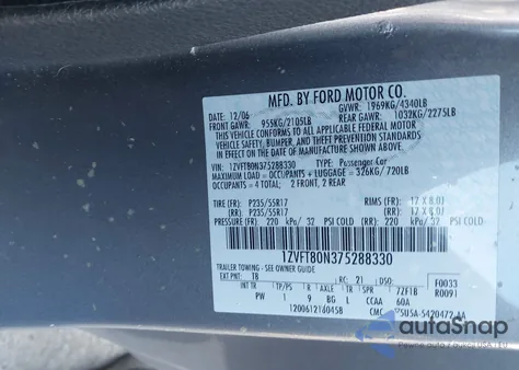 2007 Ford Mustang V6 Deluxe/V6 Premium z USA, uszkodzony, nr VIN 1ZVFT80N375288330